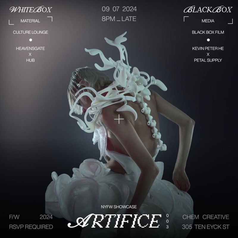 Event poster: a sculptural white figure under the title Artifice 003, NYFW Showcase, September 7, 2024, with Heavensgate × HUB.