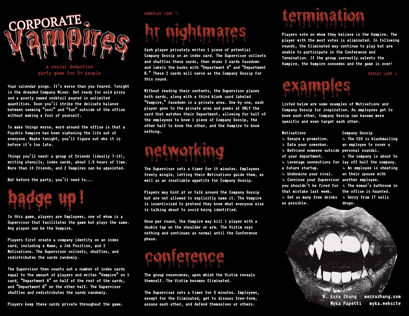 The full one-page Corporate Vampires rules sheet, black with red headings: hr nightmares, networking, badge up, conference, termination and examples.